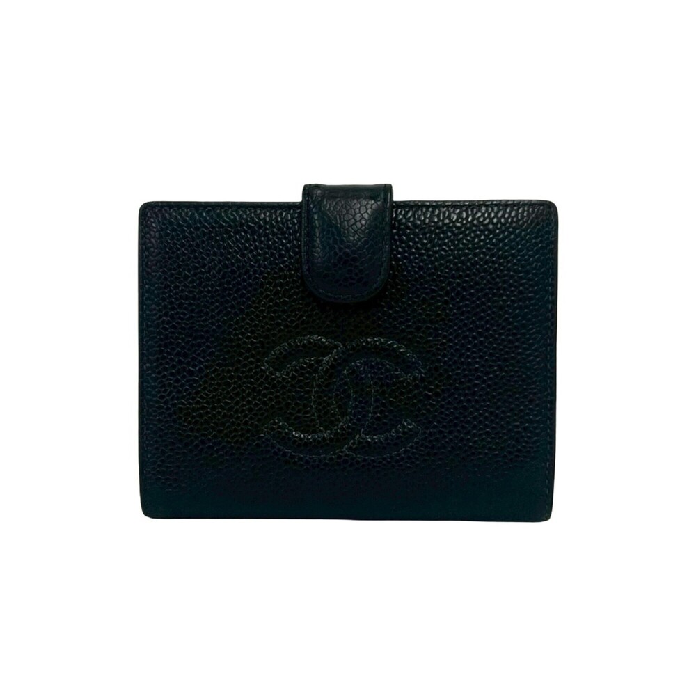 CHANEL Authentic Black Caviar Leather Logo Wallet